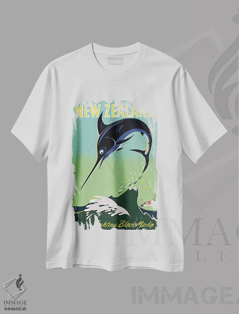 تیشرت سفید طرح دار نیوزلند: خانهٔ مارلین سیاه جنگجو، تایپوگرافی اثر هنرمند ناشناس | فروشگاه ایماژ