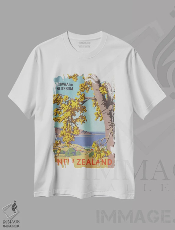 تیشرت سفید طرح دار نیوزلند: شکوفه های کوفای، تایپوگرافی اثر هنرمند ناشناس | immage.ir