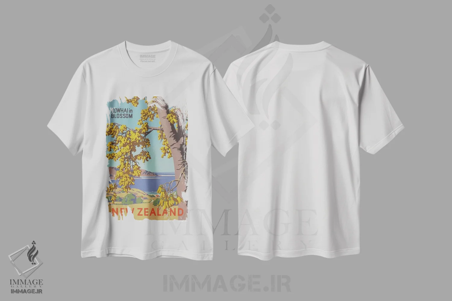 تیشرت سفید طرح دار نیوزلند: شکوفه های کوفای، تایپوگرافی اثر هنرمند ناشناس | immage.ir