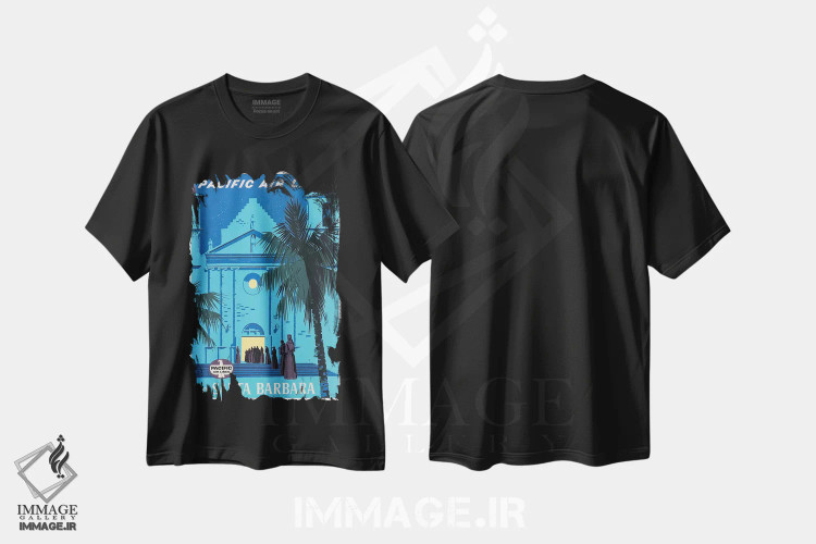 تیشرت مشکی طرح دار هواپیمایی پاسیفیک به سانتا باربارا، تایپوگرافی اثر هنرمند ناشناس | فروشگاه ایماژ