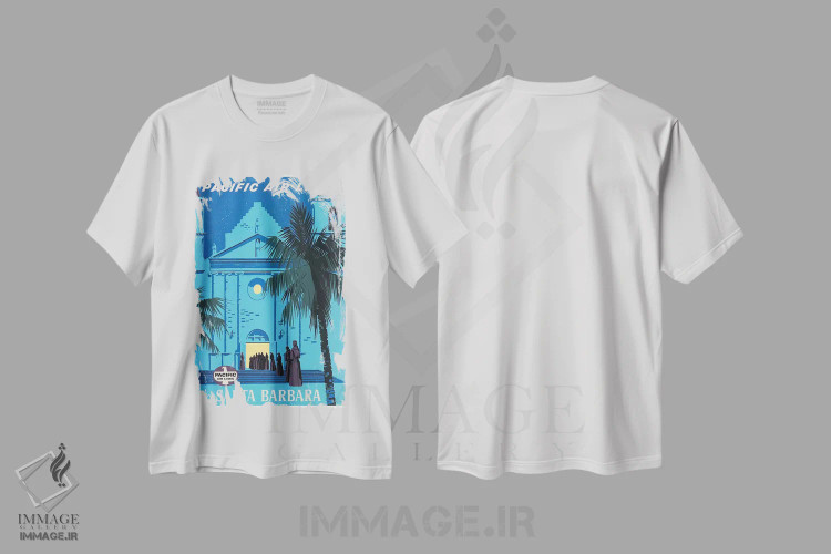 تیشرت سفید طرح دار هواپیمایی پاسیفیک به سانتا باربارا، تایپوگرافی اثر هنرمند ناشناس | immage.ir
