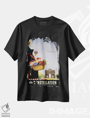 تیشرت مشکی طرح دار پاریس از طریق هواپیمای کانستلیشن، تایپوگرافی اثر هنرمند ناشناس | فروشگاه ایماژ