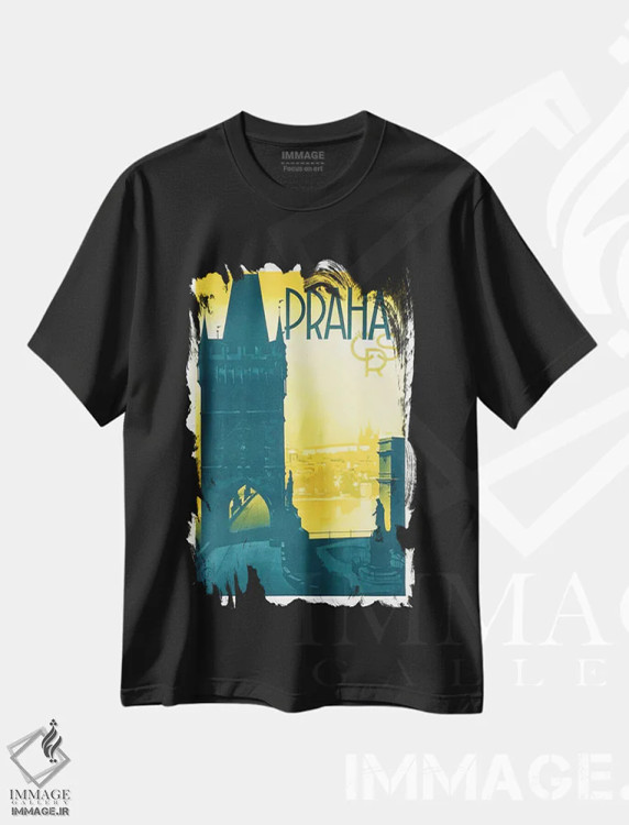 تیشرت مشکی طرح دار پراها، تایپوگرافی اثر هنرمند ناشناس | فروشگاه ایماژ