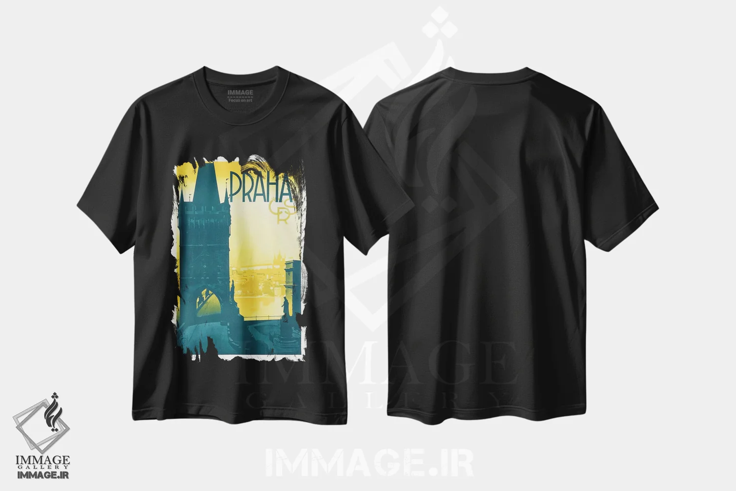 تیشرت مشکی طرح دار پراها، تایپوگرافی اثر هنرمند ناشناس | فروشگاه ایماژ