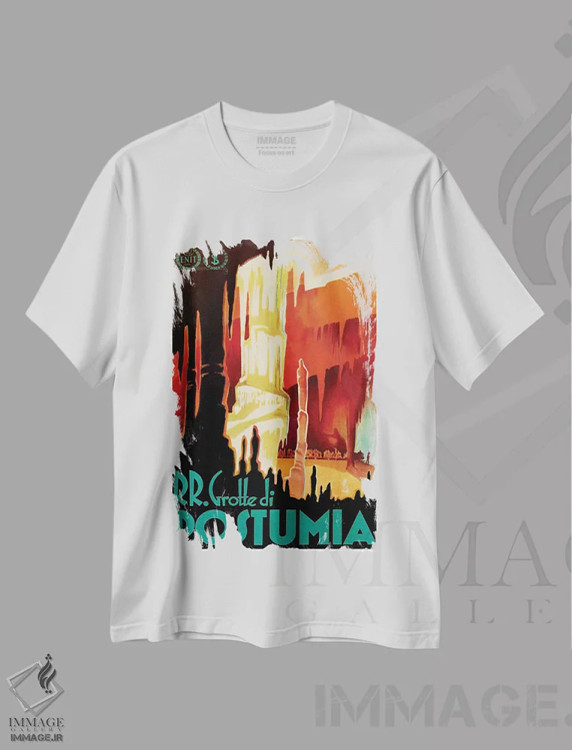 تیشرت سفید طرح دار راه آهن غار پستوینیا، تایپوگرافی اثر هنرمند ناشناس | immage.ir