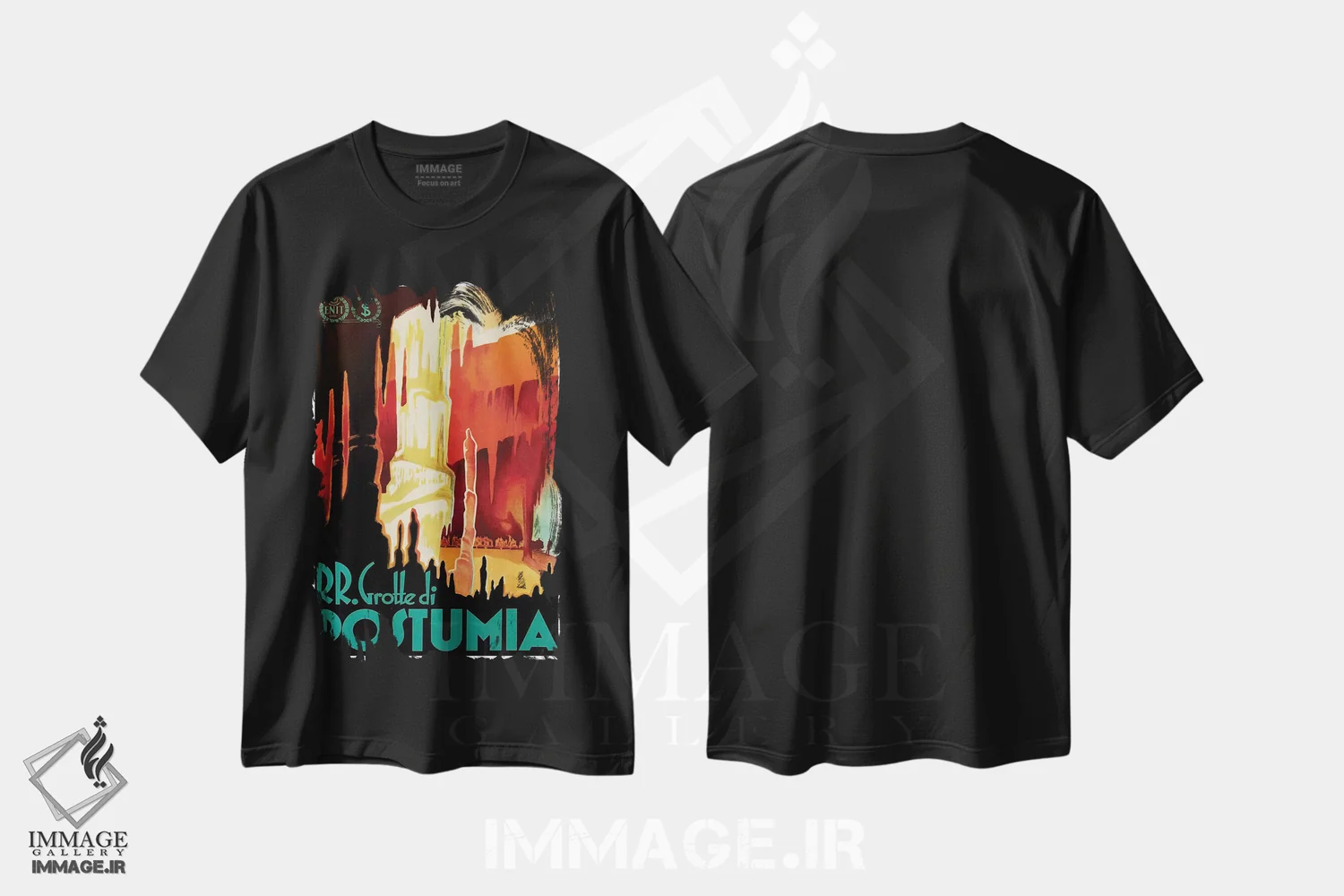 تیشرت مشکی طرح دار راه آهن غار پستوینیا، تایپوگرافی اثر هنرمند ناشناس | فروشگاه ایماژ