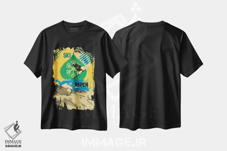 تیشرت مشکی طرح دار اسکی در اسپن، تایپوگرافی اثر هنرمند ناشناس | فروشگاه ایماژ