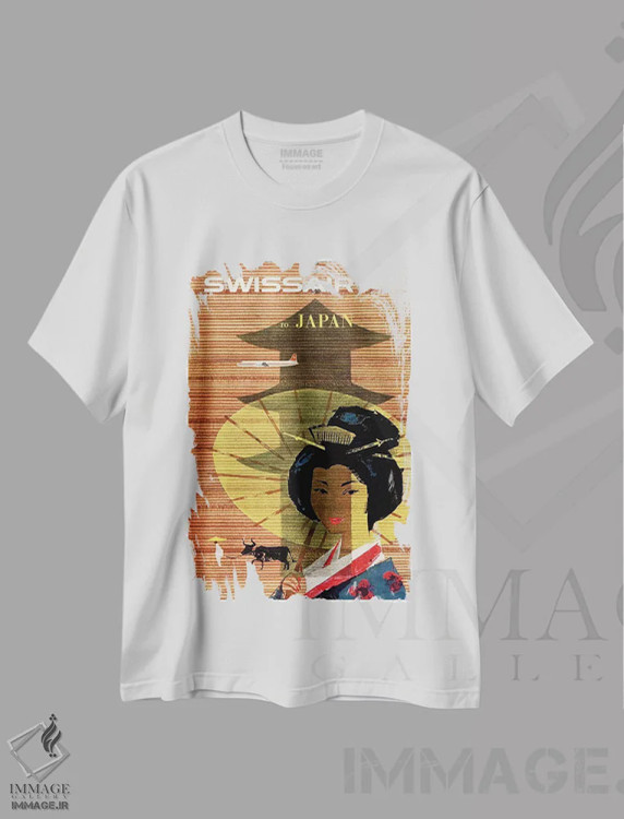 تیشرت سفید طرح دار سوئیس ایر به ژاپن، تایپوگرافی اثر هنرمند ناشناس | فروشگاه ایماژ