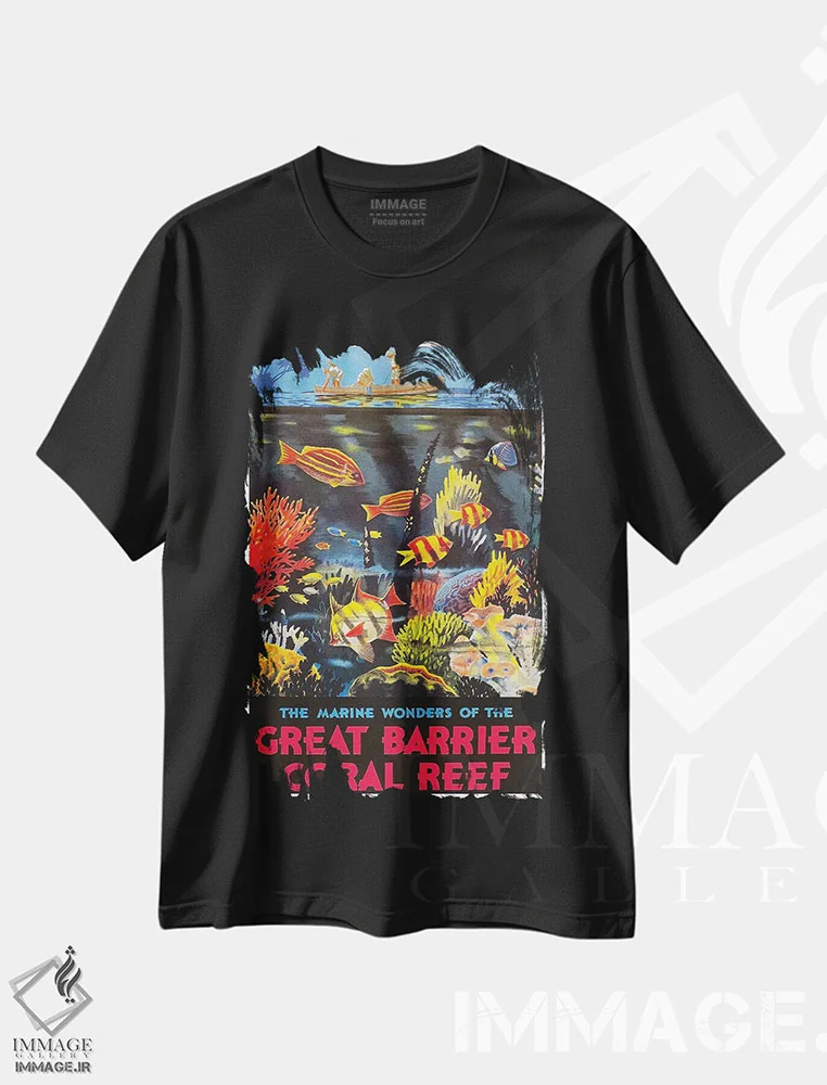 تیشرت مشکی طرح دار شگفتی های دریایی دیواره بزرگ مرجانی، تایپوگرافی اثر هنرمند ناشناس | فروشگاه ایماژ