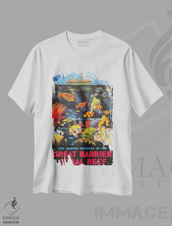 تیشرت سفید طرح دار شگفتی های دریایی دیواره بزرگ مرجانی، تایپوگرافی اثر هنرمند ناشناس | immage.ir