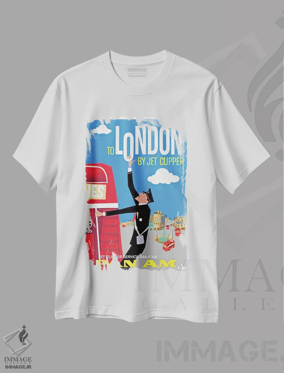 تیشرت سفید طرح دار سفر به لندن با جت کلیپر، تایپوگرافی اثر هنرمند ناشناس | immage.ir