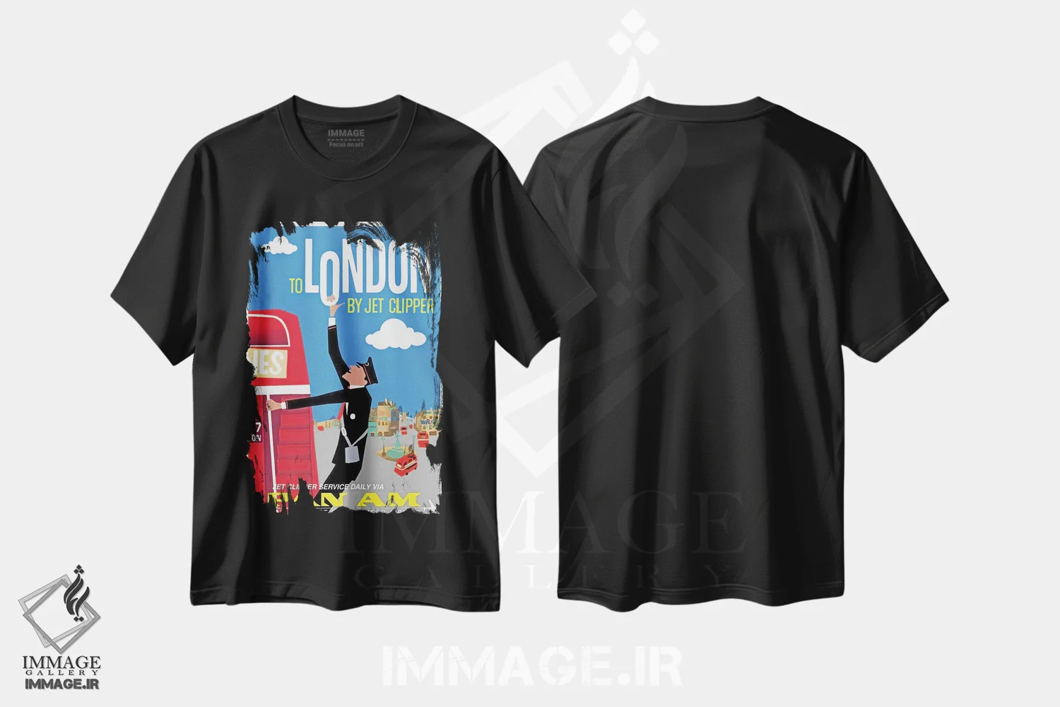 تیشرت مشکی طرح دار سفر به لندن با جت کلیپر، تایپوگرافی اثر هنرمند ناشناس | فروشگاه ایماژ