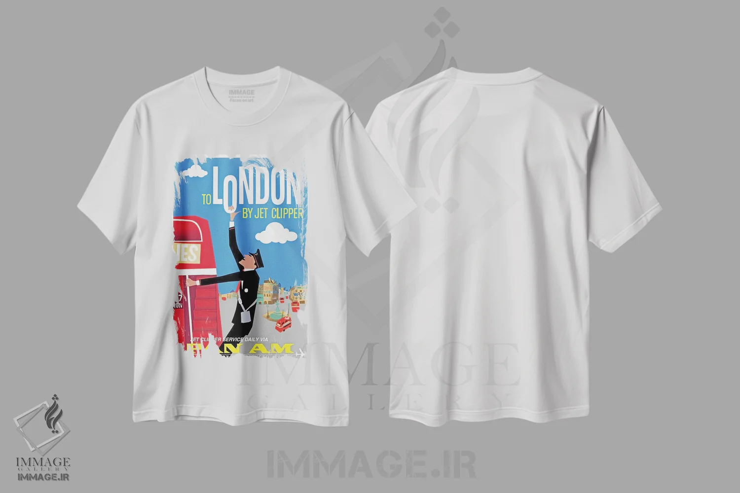 تیشرت سفید طرح دار سفر به لندن با جت کلیپر، تایپوگرافی اثر هنرمند ناشناس | immage.ir