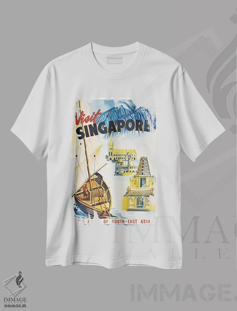 تیشرت سفید طرح دار بازدید از سنگاپور: قلب جنوب شرقی آسیا، تایپوگرافی اثر هنرمند ناشناس | immage.ir
