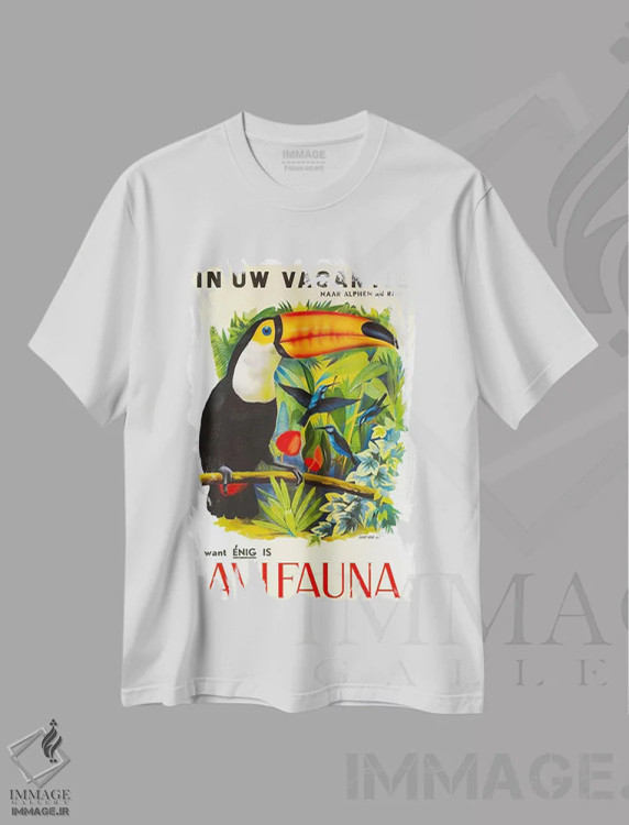 تیشرت سفید طرح دار پرندگان، تایپوگرافی اثر هنرمند ناشناس | فروشگاه ایماژ