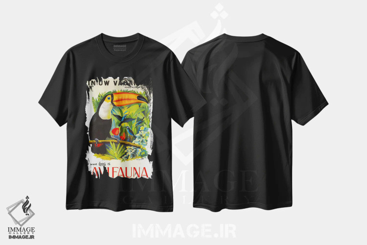 تیشرت مشکی طرح دار پرندگان، تایپوگرافی اثر هنرمند ناشناس | immage.ir