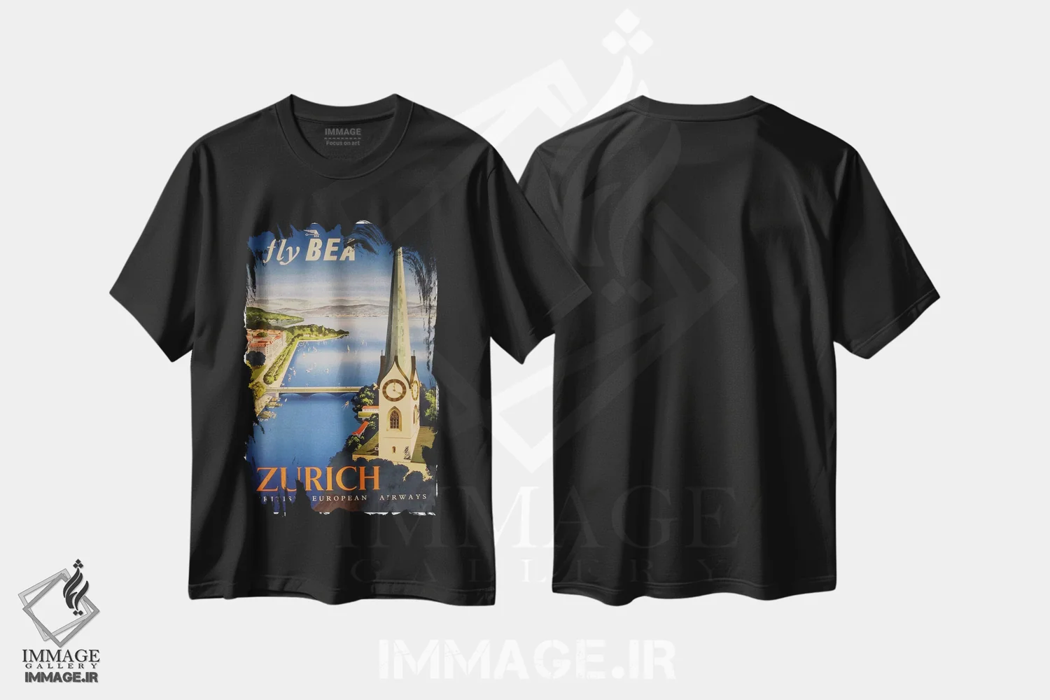 تیشرت مشکی طرح دار زوریخ، تایپوگرافی اثر هنرمند ناشناس | فروشگاه ایماژ