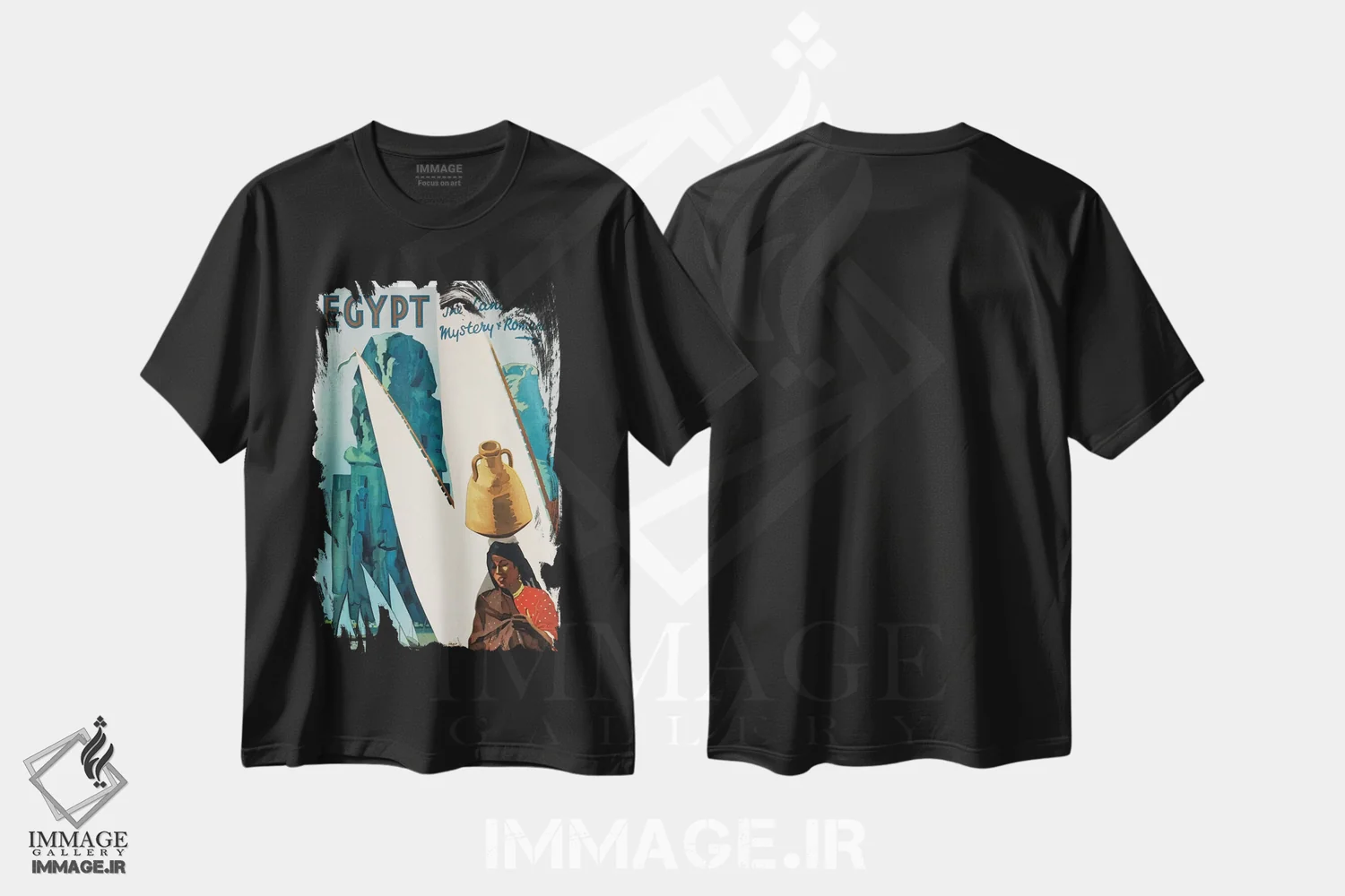تیشرت مشکی طرح دار مصر: سرزمین رمز و راز و افسانه، تایپوگرافی اثر هنرمند ناشناس | immage.ir