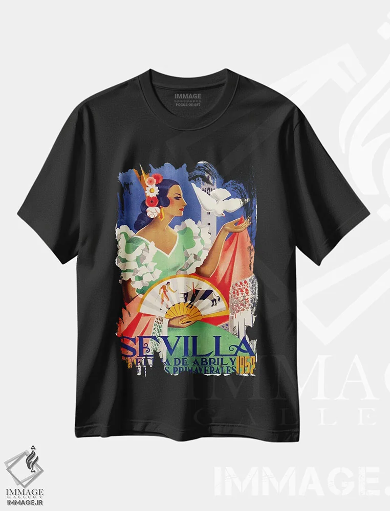 تیشرت مشکی طرح دار Abril de 1952,جشنواره سویا، آوریل ۱۹۵۲، تایپوگرافی اثر هنرمند ناشناس | فروشگاه ایماژ