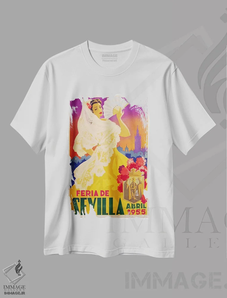 تیشرت سفید طرح دار Abril de 1955,جشنواره سویا، آوریل ۱۹۵۵، تایپوگرافی اثر هنرمند ناشناس | فروشگاه ایماژ