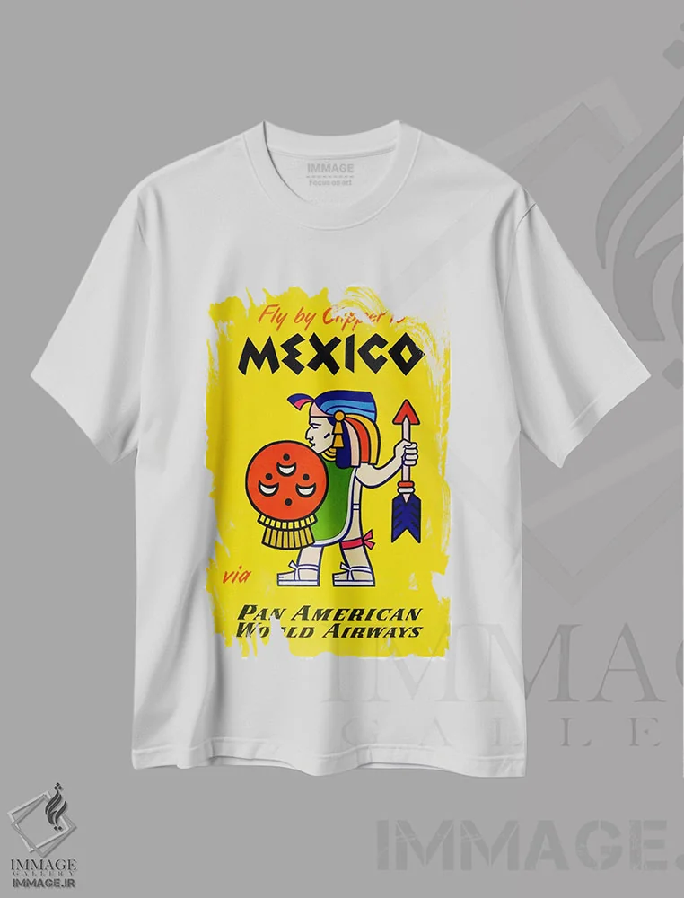 تیشرت سفید طرح دار پرواز با کلیپر به مکزیک با پان آمریکن، تایپوگرافی اثر هنرمند ناشناس | فروشگاه ایماژ