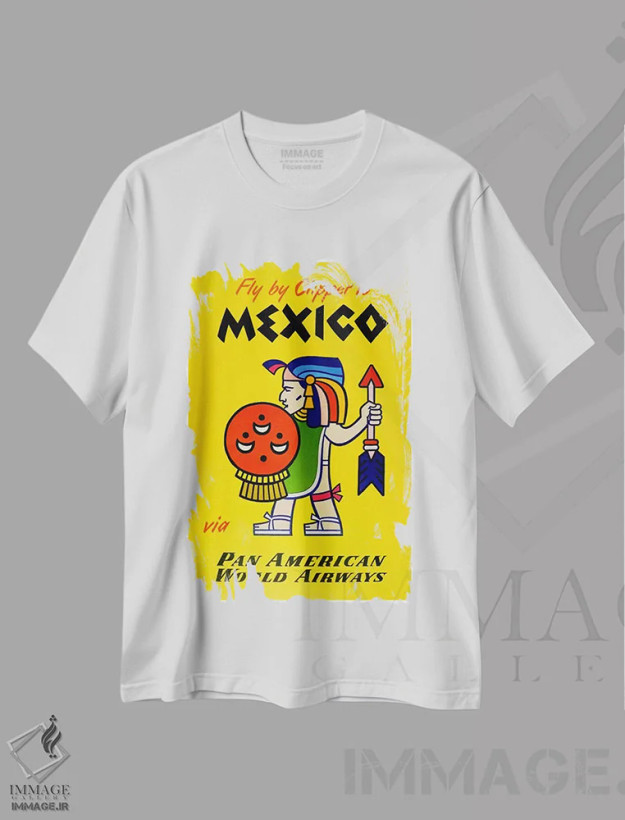 تیشرت سفید طرح دار پرواز با کلیپر به مکزیک با پان آمریکن، تایپوگرافی اثر هنرمند ناشناس | فروشگاه ایماژ