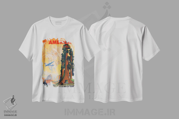 تیشرت سفید طرح دار پرواز به آمریکا با کلیپر از طریق پان آمریکن، تایپوگرافی اثر هنرمند ناشناس | فروشگاه ایماژ