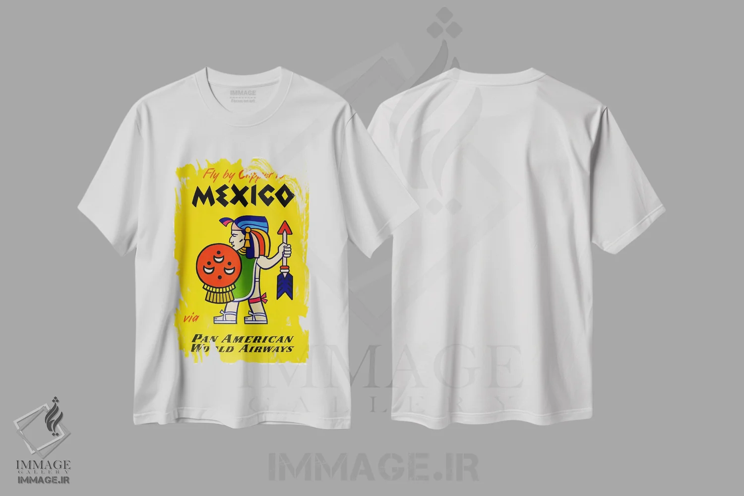 تیشرت سفید طرح دار پرواز با کلیپر به مکزیک با پان آمریکن، تایپوگرافی اثر هنرمند ناشناس | فروشگاه ایماژ