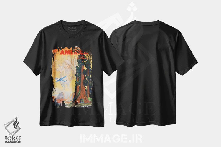 تیشرت مشکی طرح دار پرواز به آمریکا با کلیپر از طریق پان آمریکن، تایپوگرافی اثر هنرمند ناشناس | immage.ir