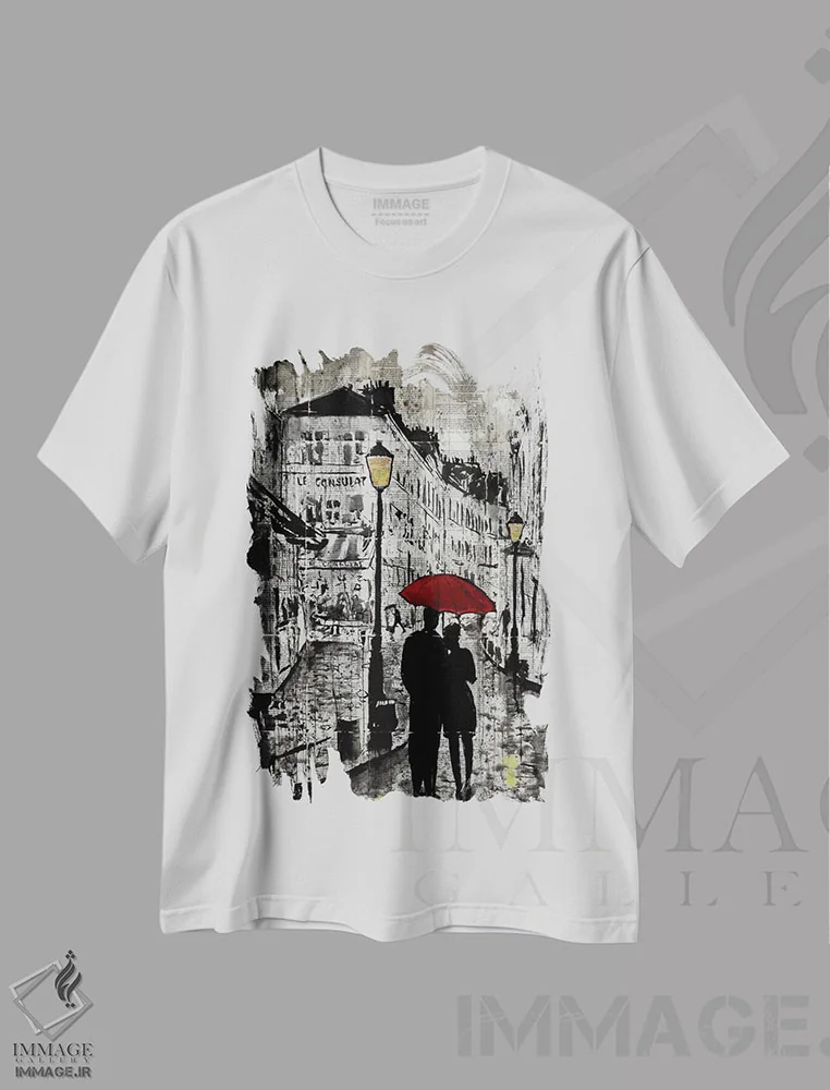 تیشرت سفید طرح دار قدم زنی بارانی، هنر فاخر معاصر اثر لوی جوور | immage.ir