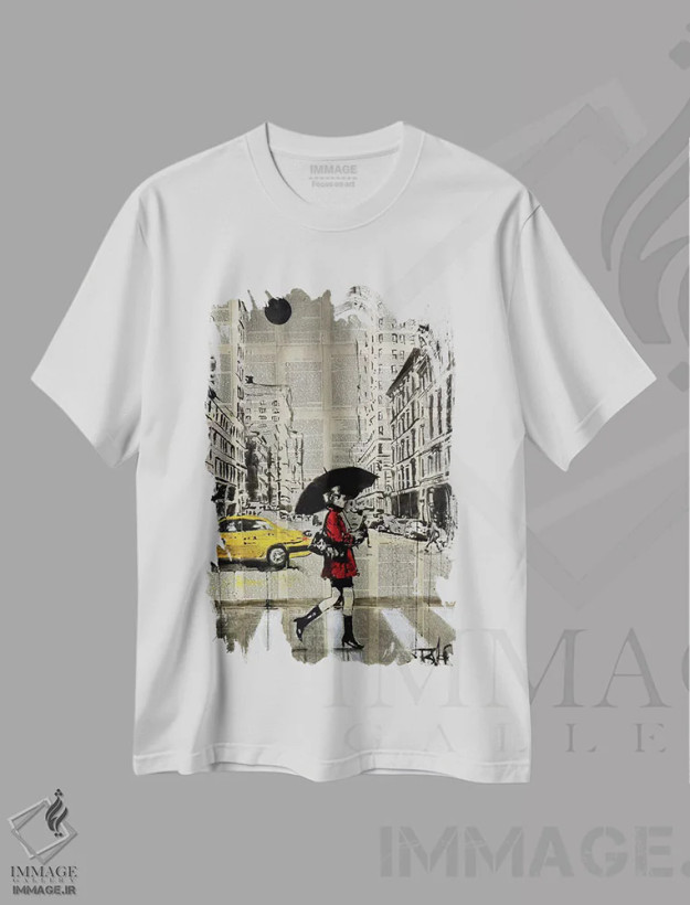 تیشرت سفید طرح دار پالتوی قرمز، هنر فاخر معاصر اثر لوی جوور | فروشگاه ایماژ