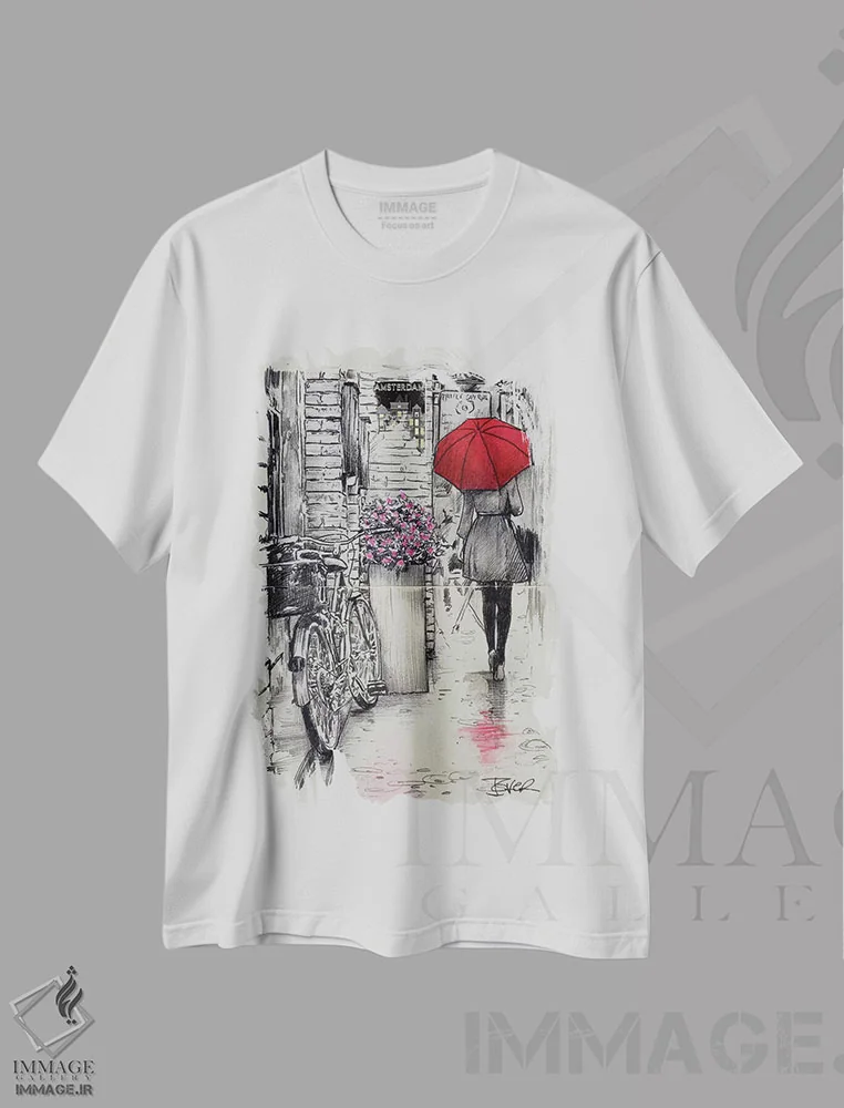 تیشرت سفید طرح دار پیاده روی در آمستردام، هنر فاخر معاصر اثر لوی جوور | immage.ir