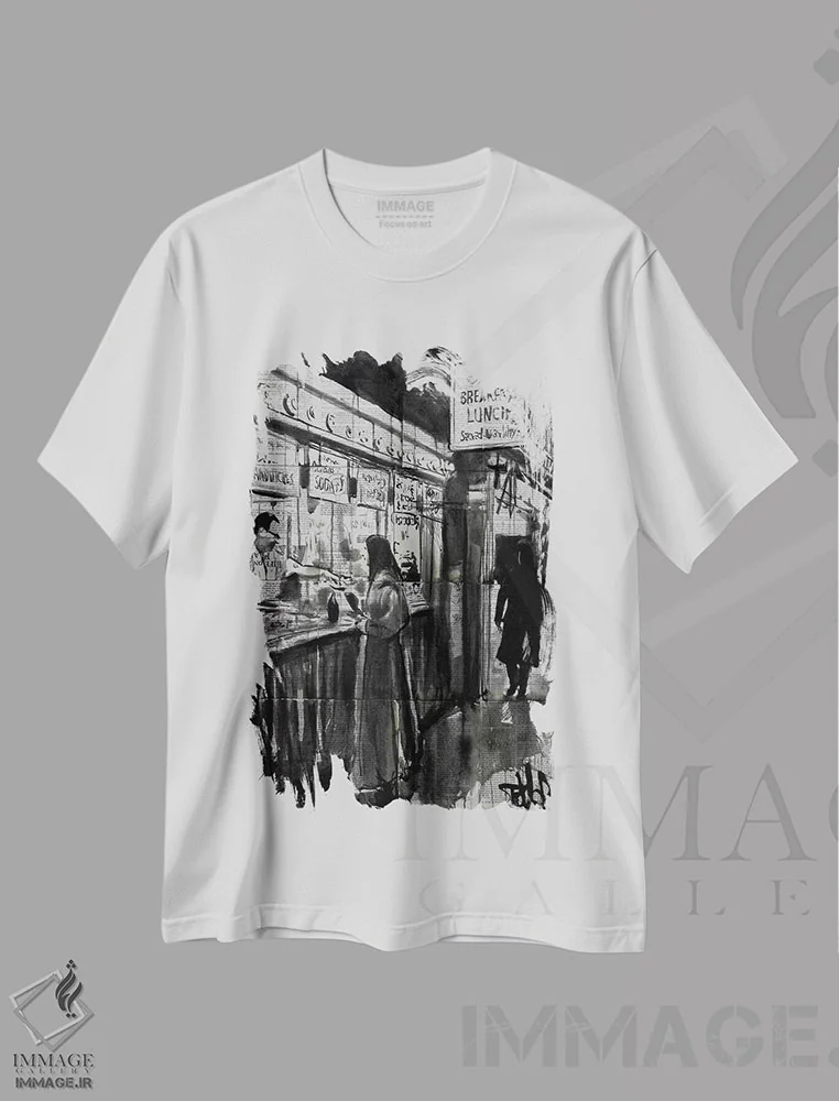 تیشرت سفید طرح دار کافه شبانه، هنر تزئینی سیاه و سفید اثر لوی جوور | فروشگاه ایماژ