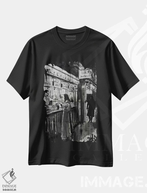 تیشرت مشکی طرح دار کافه شبانه، هنر تزئینی سیاه و سفید اثر لوی جوور | immage.ir