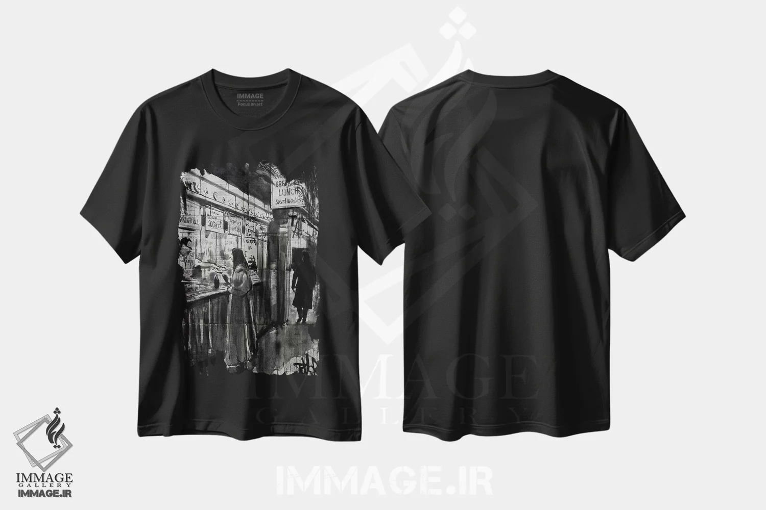تیشرت مشکی طرح دار کافه شبانه، هنر تزئینی سیاه و سفید اثر لوی جوور | immage.ir