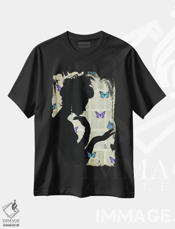 تیشرت مشکی طرح دار پروانهٔ آبی، هنر فاخر معاصر اثر لوی جوور | فروشگاه ایماژ