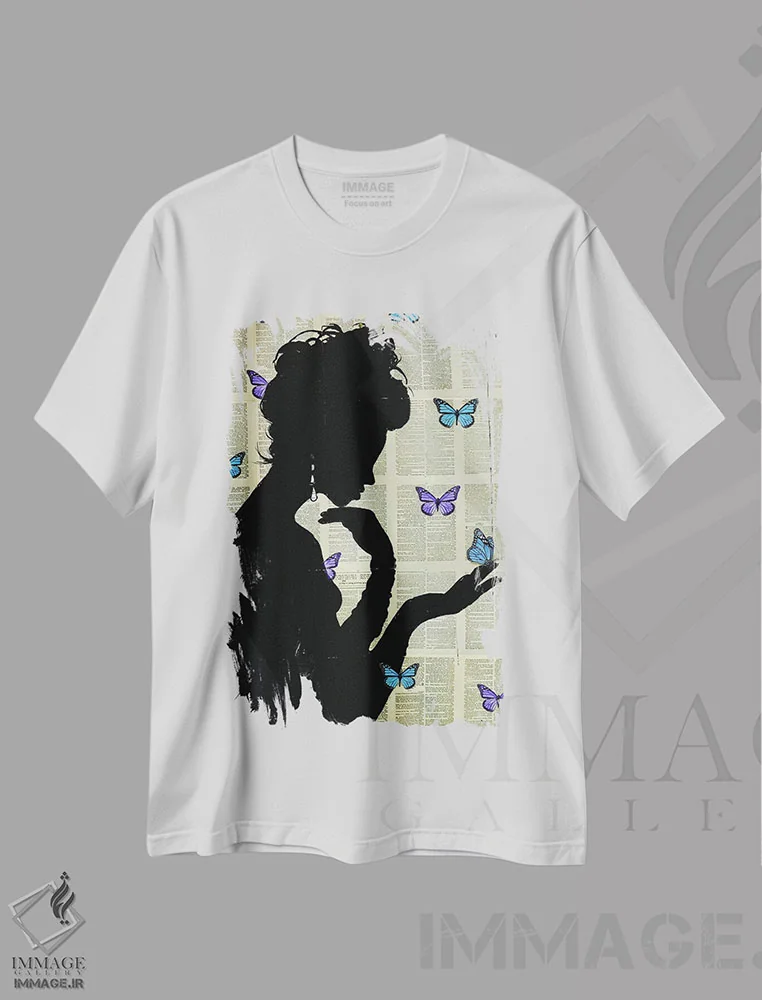 تیشرت سفید طرح دار پروانهٔ آبی، هنر فاخر معاصر اثر لوی جوور | immage.ir