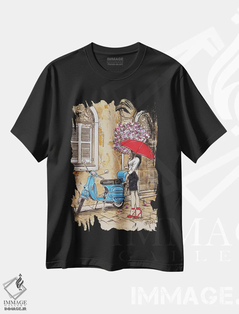 تیشرت مشکی طرح دار موتور آبی کوچک، هنر فاخر معاصر اثر لوی جوور | فروشگاه ایماژ