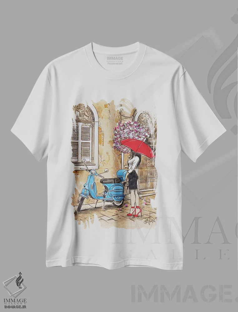 تیشرت سفید طرح دار موتور آبی کوچک، هنر فاخر معاصر اثر لوی جوور | immage.ir