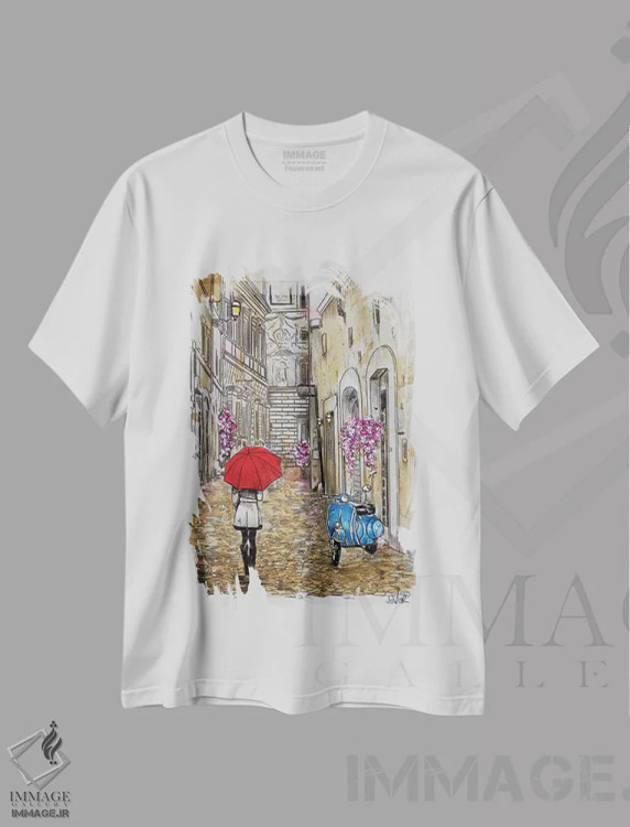 تیشرت سفید طرح دار اسکوتر آبی کوچک، هنر فاخر معاصر اثر لوی جوور | فروشگاه ایماژ