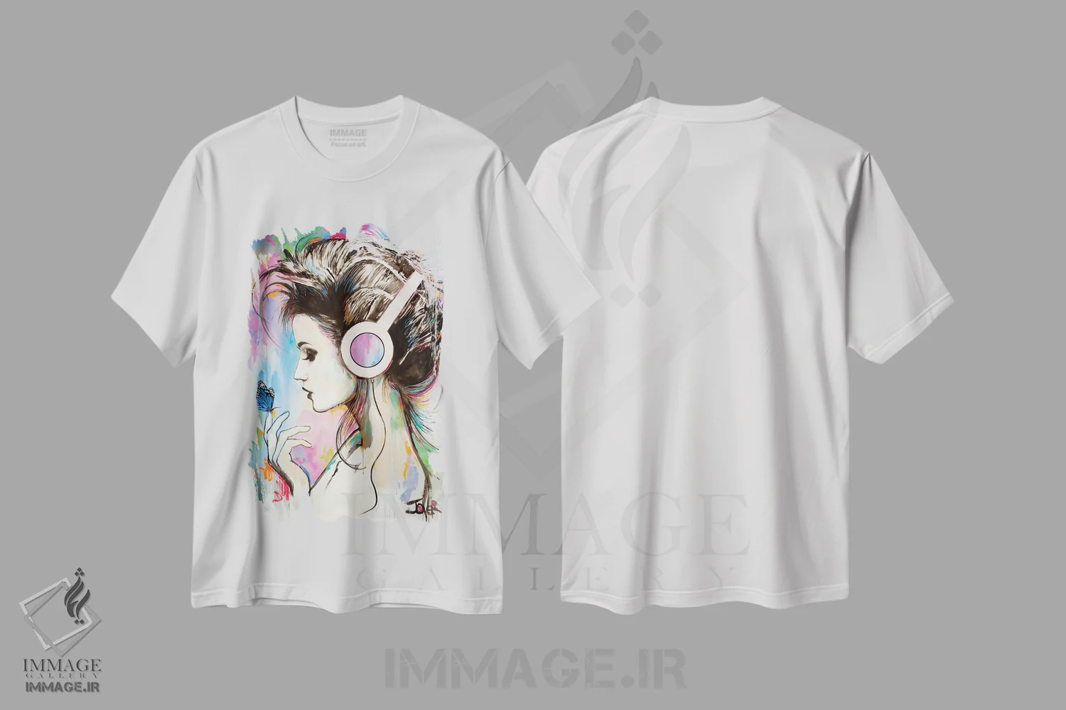 تیشرت سفید طرح دار اثر پروانه ای موسیقی، دکور معاصر اثر لوی جوور | فروشگاه ایماژ