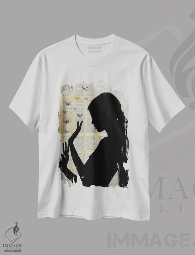 تیشرت سفید طرح دار روزهای پروانه ای، هنر فاخر معاصر اثر لوی جوور | فروشگاه ایماژ