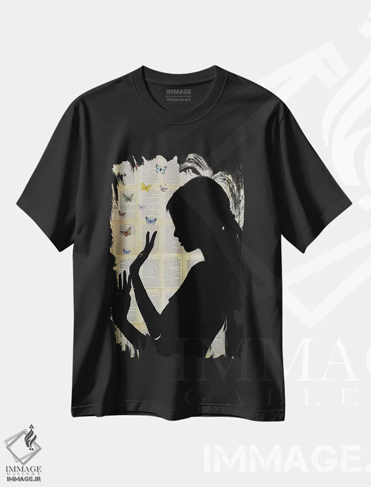 تیشرت مشکی طرح دار روزهای پروانه ای، هنر فاخر معاصر اثر لوی جوور | immage.ir