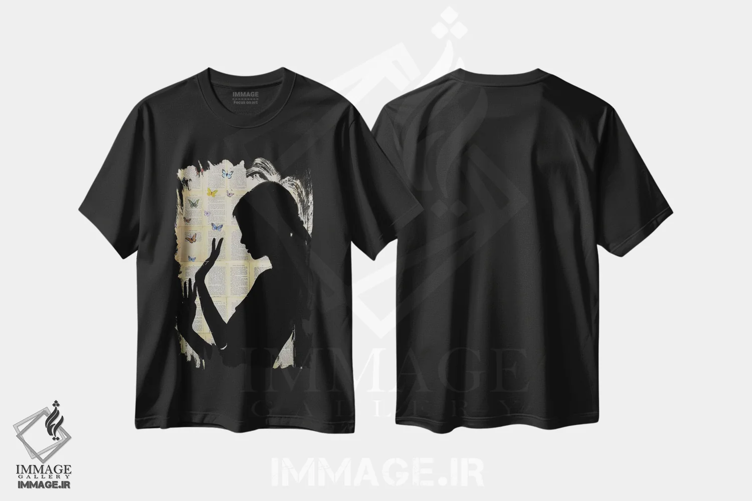 تیشرت مشکی طرح دار روزهای پروانه ای، هنر فاخر معاصر اثر لوی جوور | immage.ir