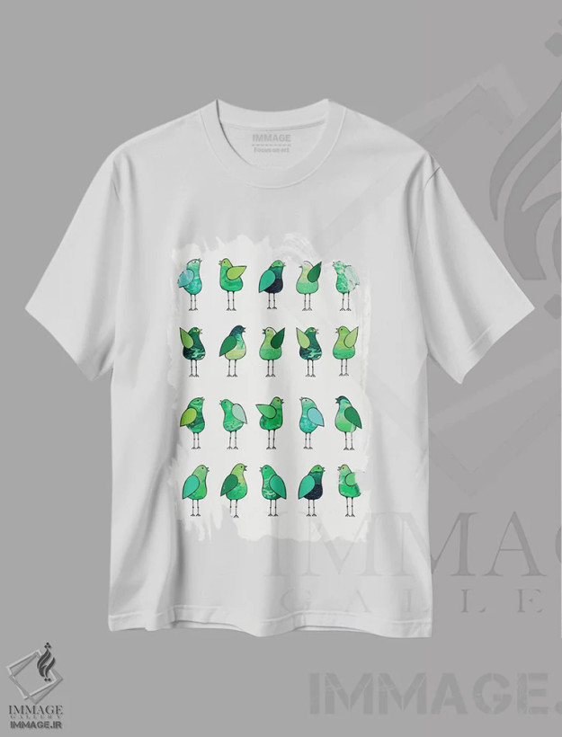 تیشرت سفید طرح دار پرندگان خبرچین سبز، تزئینی اثر لیزا فرانسیس جاد | فروشگاه ایماژ