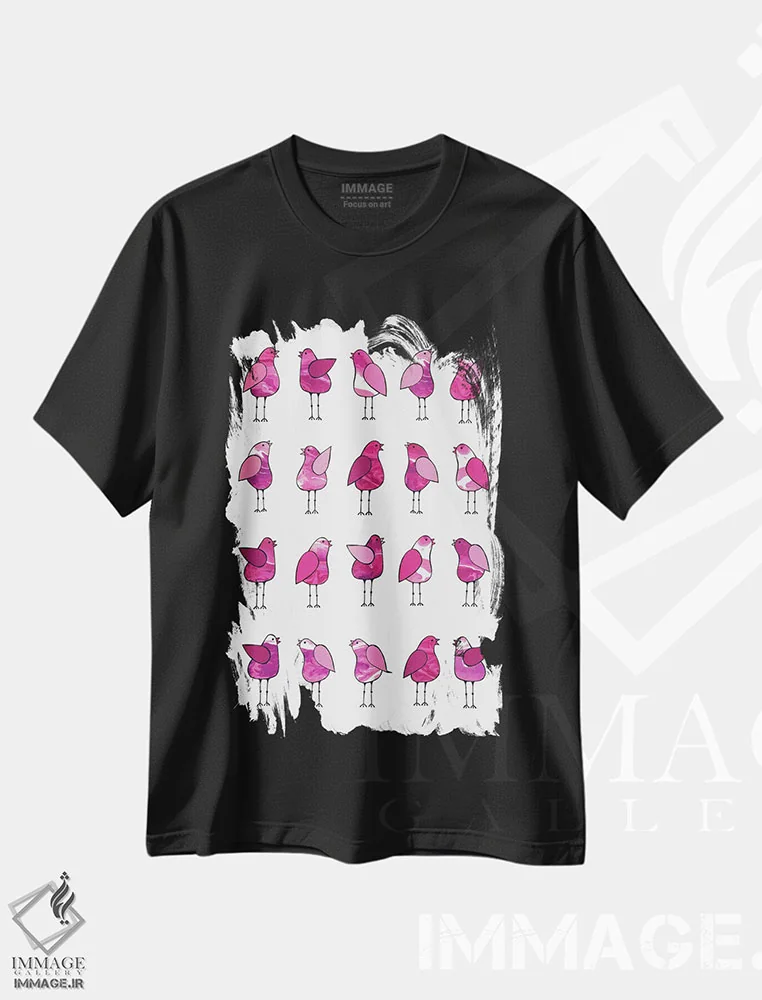 تیشرت مشکی طرح دار پرندگان خبرچین صورتی، تزئینی اثر لیزا فرانسیس جاد | فروشگاه ایماژ