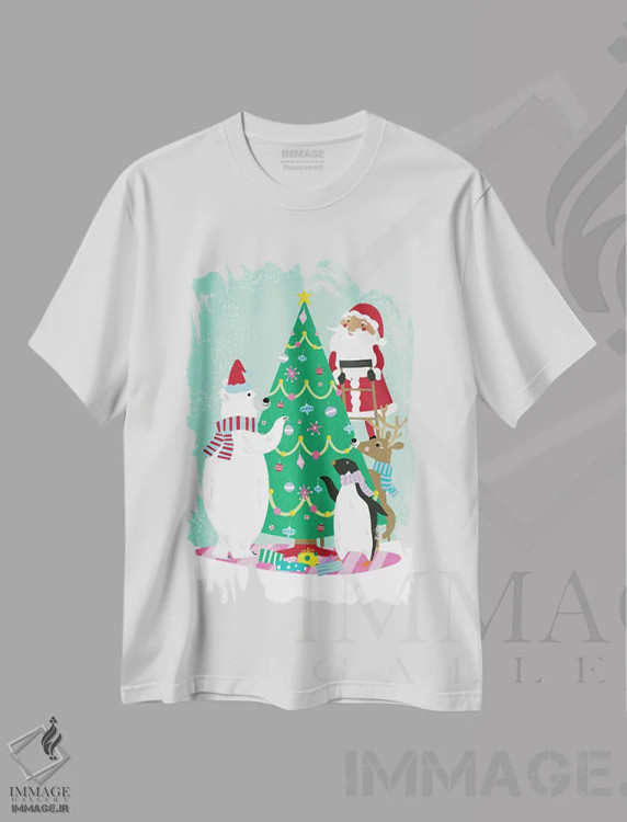 تیشرت سفید طرح دار تزئین درخت، دکور تعطیلات اثر لورا کونیندیک | فروشگاه ایماژ