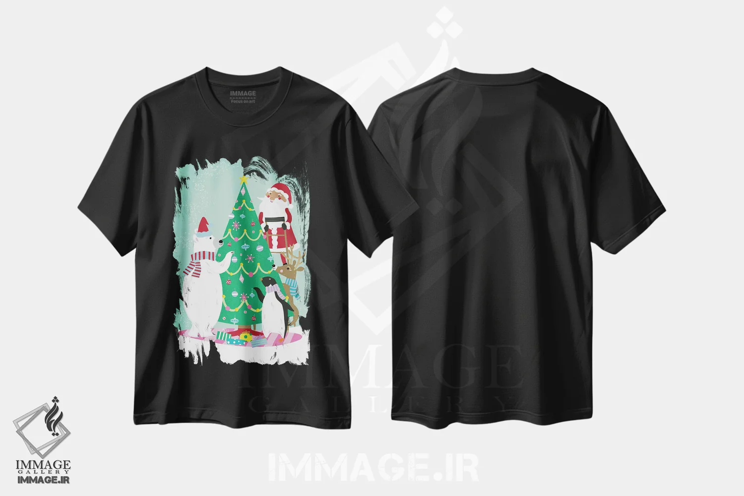 تیشرت مشکی طرح دار تزئین درخت، دکور تعطیلات اثر لورا کونیندیک | فروشگاه ایماژ
