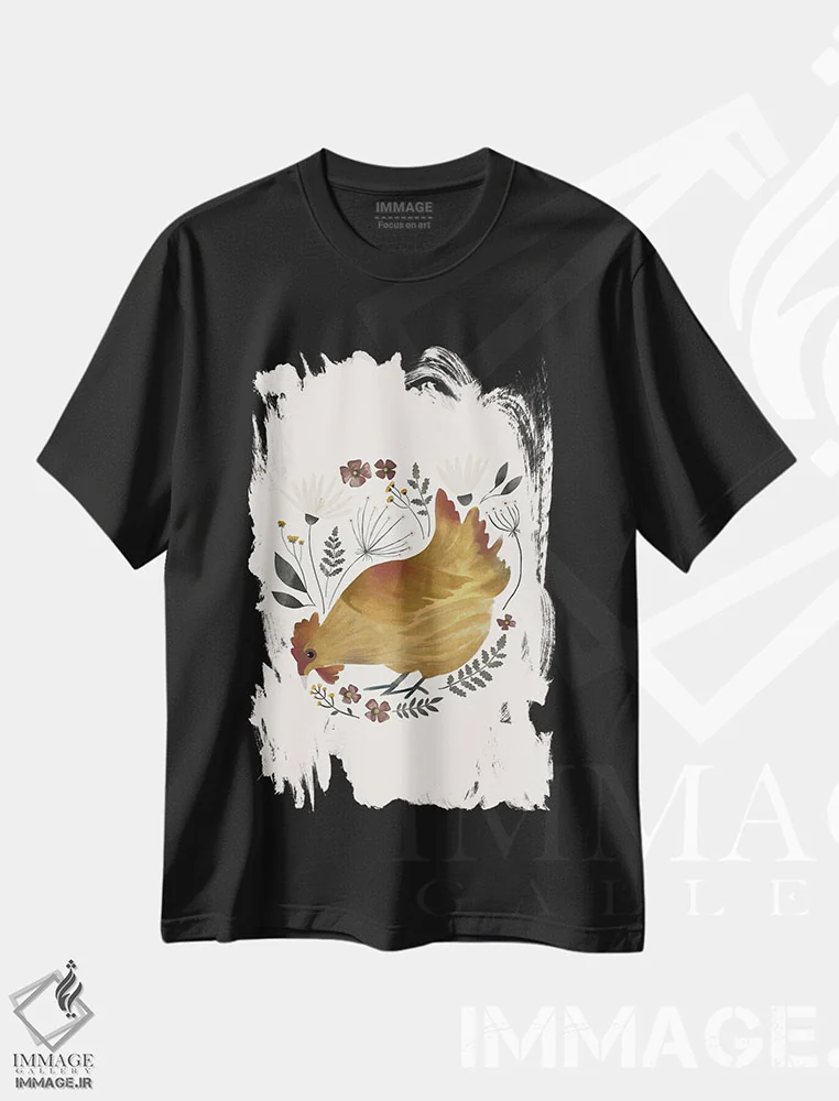 تیشرت مشکی طرح دار مرغ روستایی شماره ۲، دکور روستایی اثر لورا کونیندیک | فروشگاه ایماژ