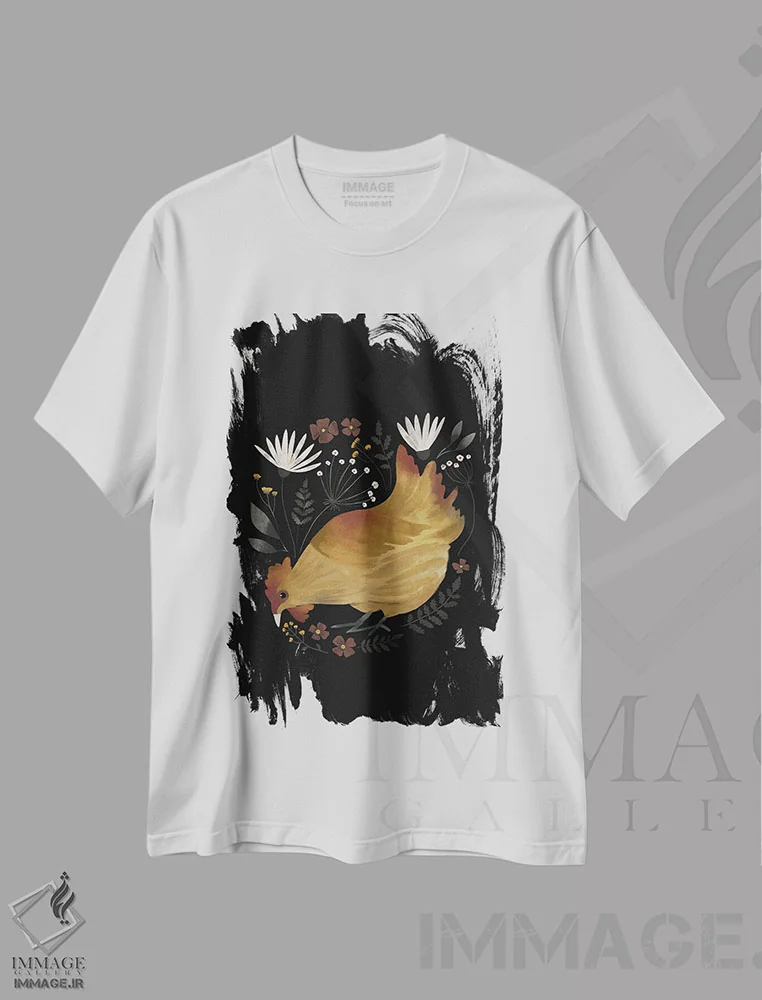 تیشرت سفید طرح دار مرغ روستایی شماره ۱، دکور روستایی اثر لورا کونیندیک | فروشگاه ایماژ